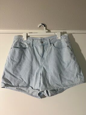 Old Navy Light Blue and White Stripe High Rise Denim Mom Shorts